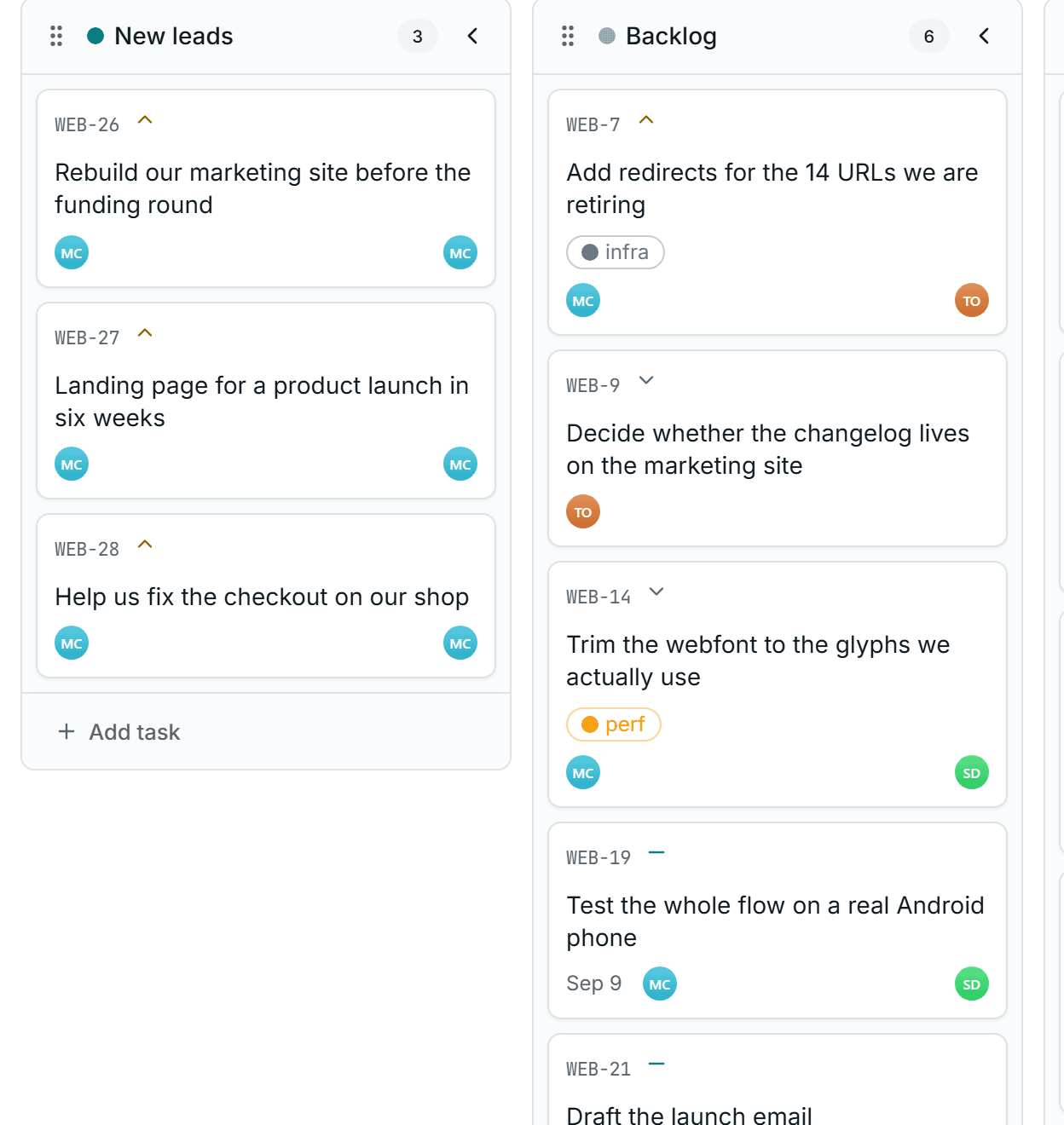 A board column named New leads holding three tasks created by form submissions, beside the Backlog column
