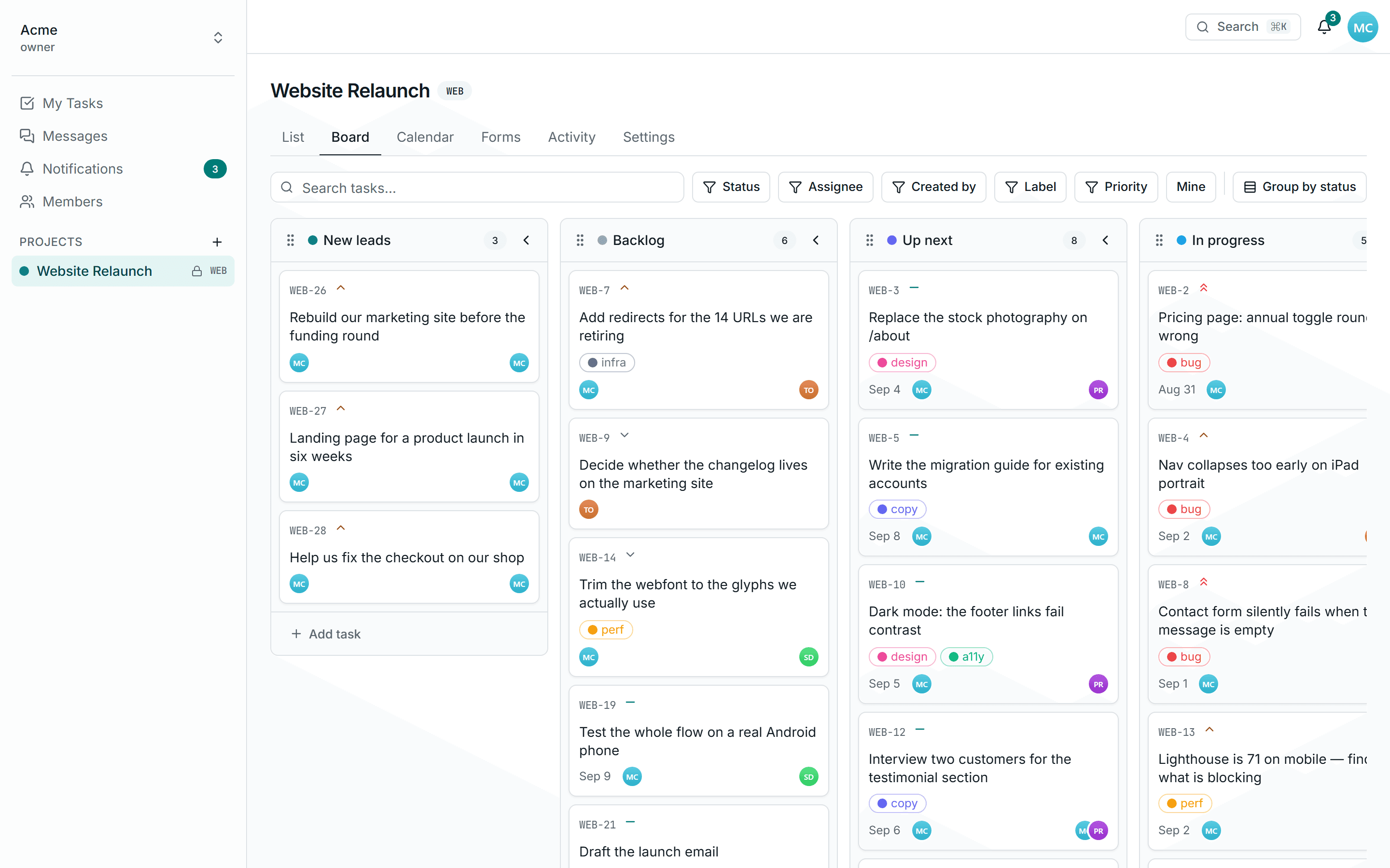 The Crewdesk board for a Website Relaunch project, with columns for New leads, Backlog, Up next, In progress and In review