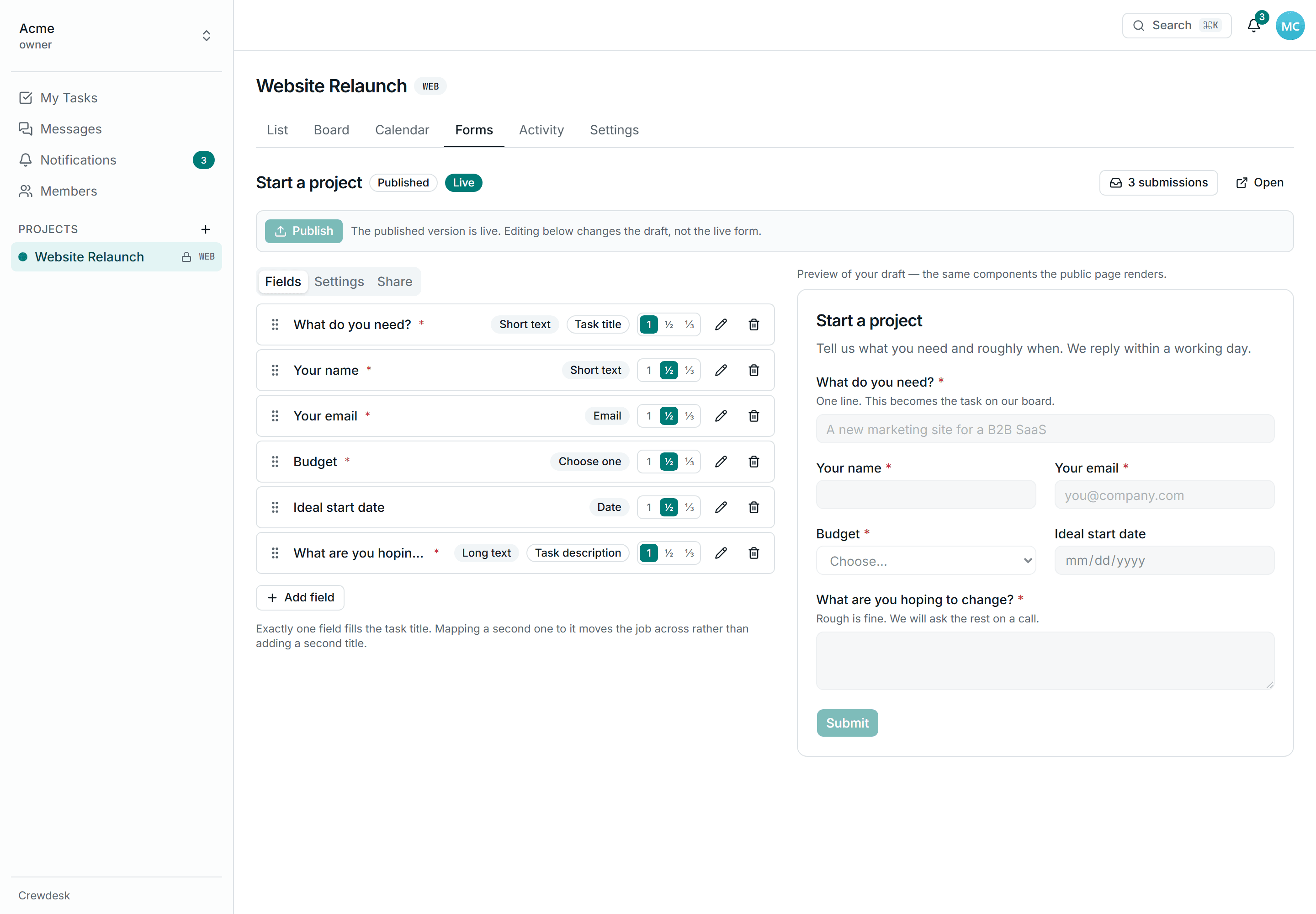 The Crewdesk form builder, with a list of fields on the left and a live preview on the right