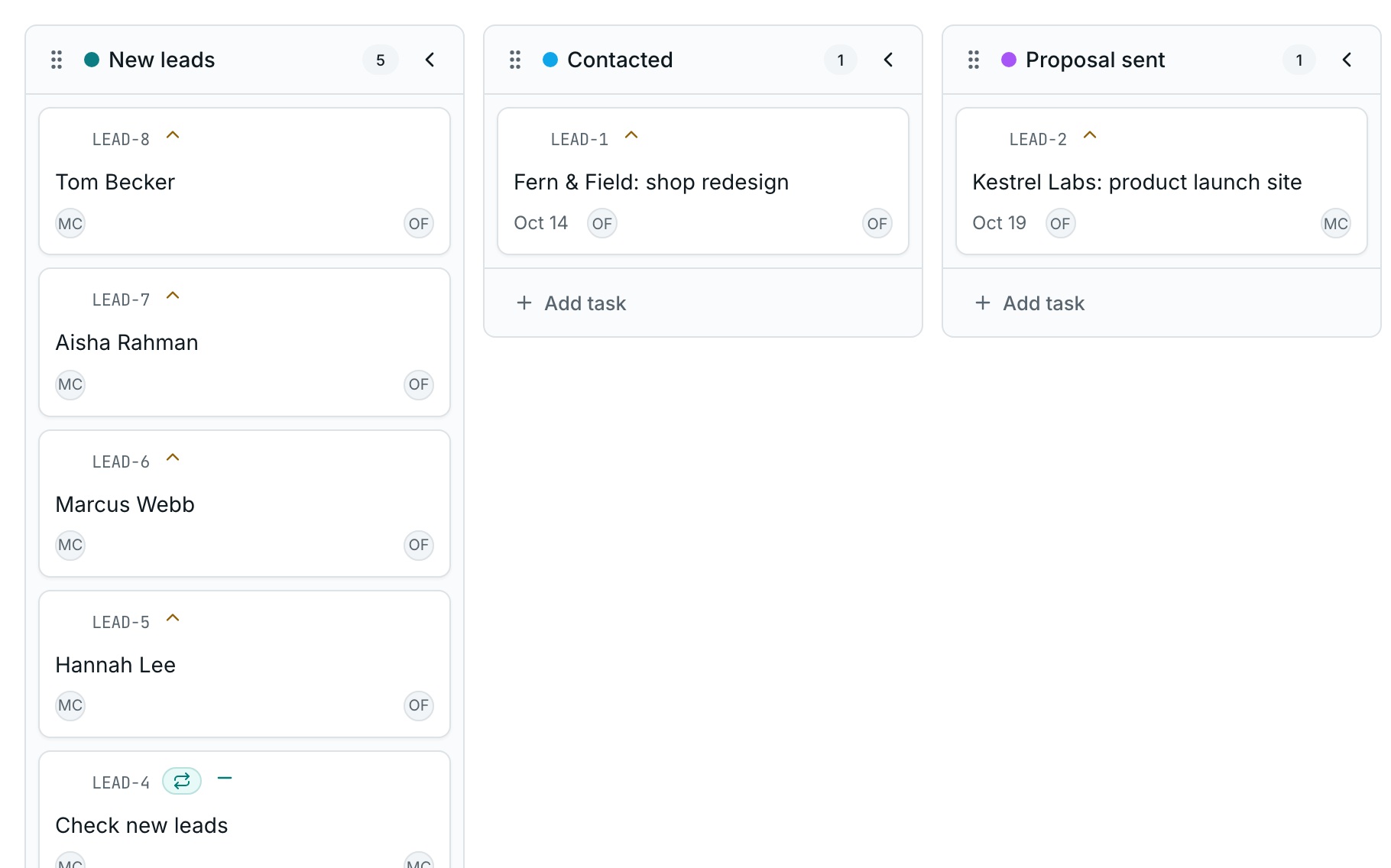 A board column named New leads holding three tasks created by form submissions, beside the Backlog column