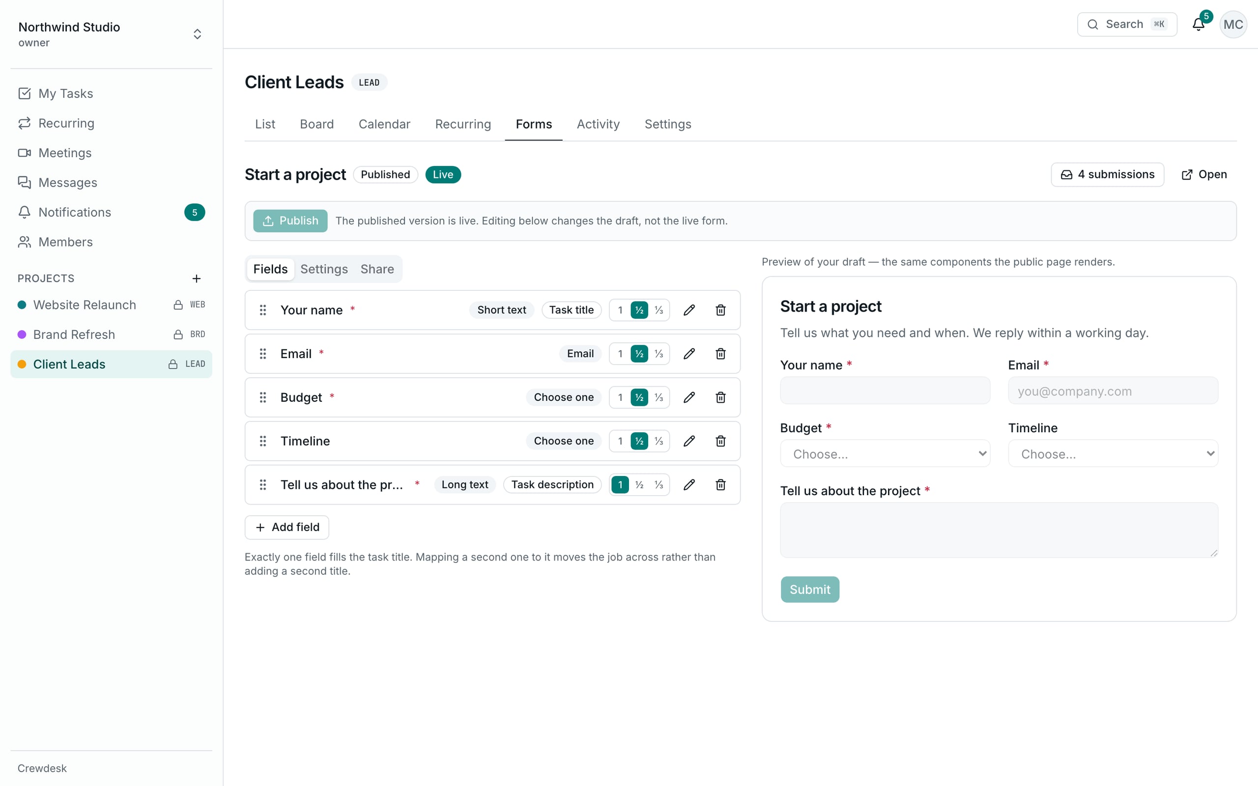 The Crewdesk form builder: a list of fields with their widths on the left and a live preview of the form on the right