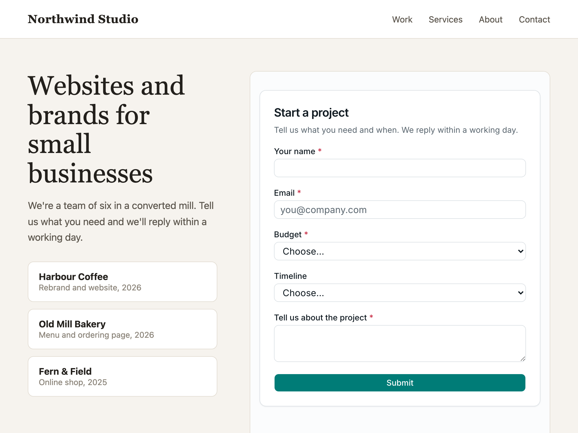 A Crewdesk form embedded in a design studio's website, asking what you need, your name, email, budget and start date