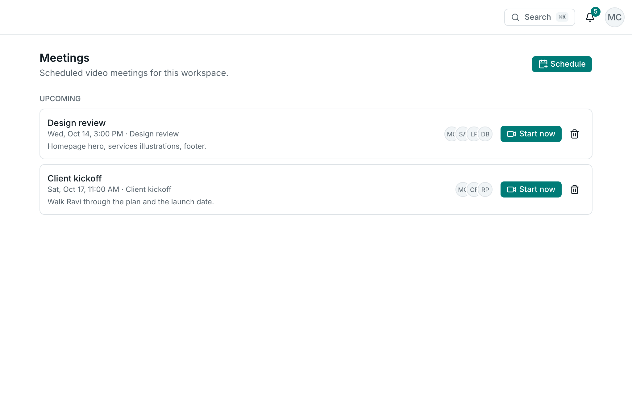 Upcoming meetings in the Crewdesk web app with the people invited