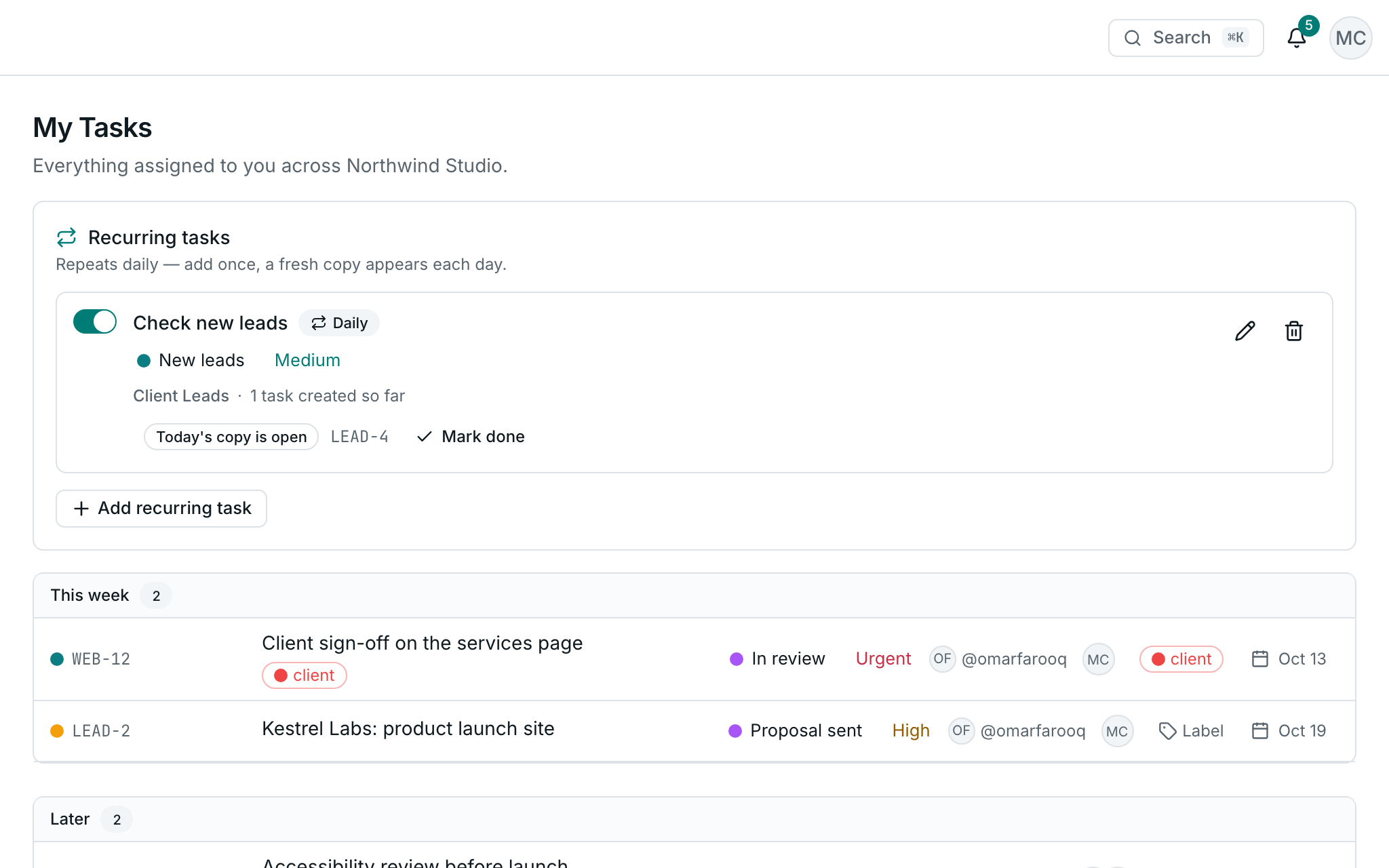 My Tasks in the Crewdesk web app, grouped into Overdue, Today, This week and Later