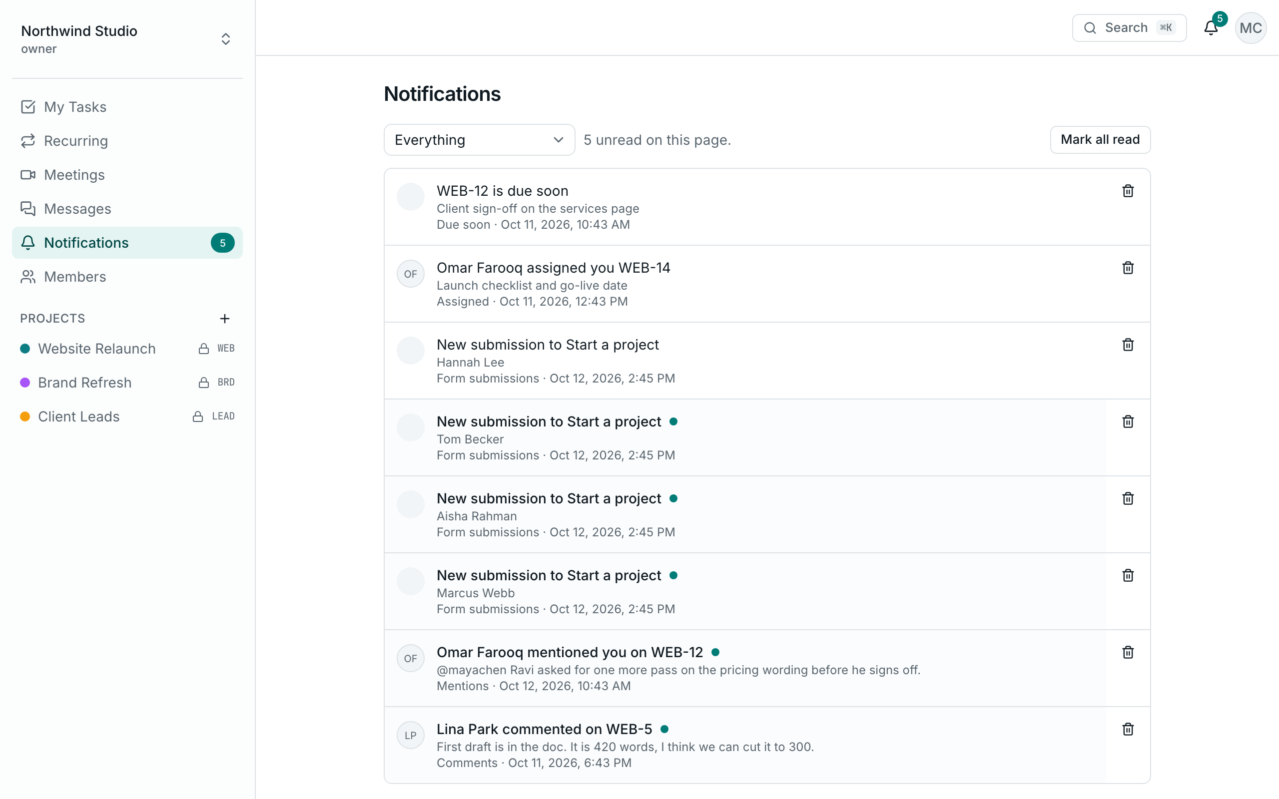 The Crewdesk notifications inbox with read and unread notifications