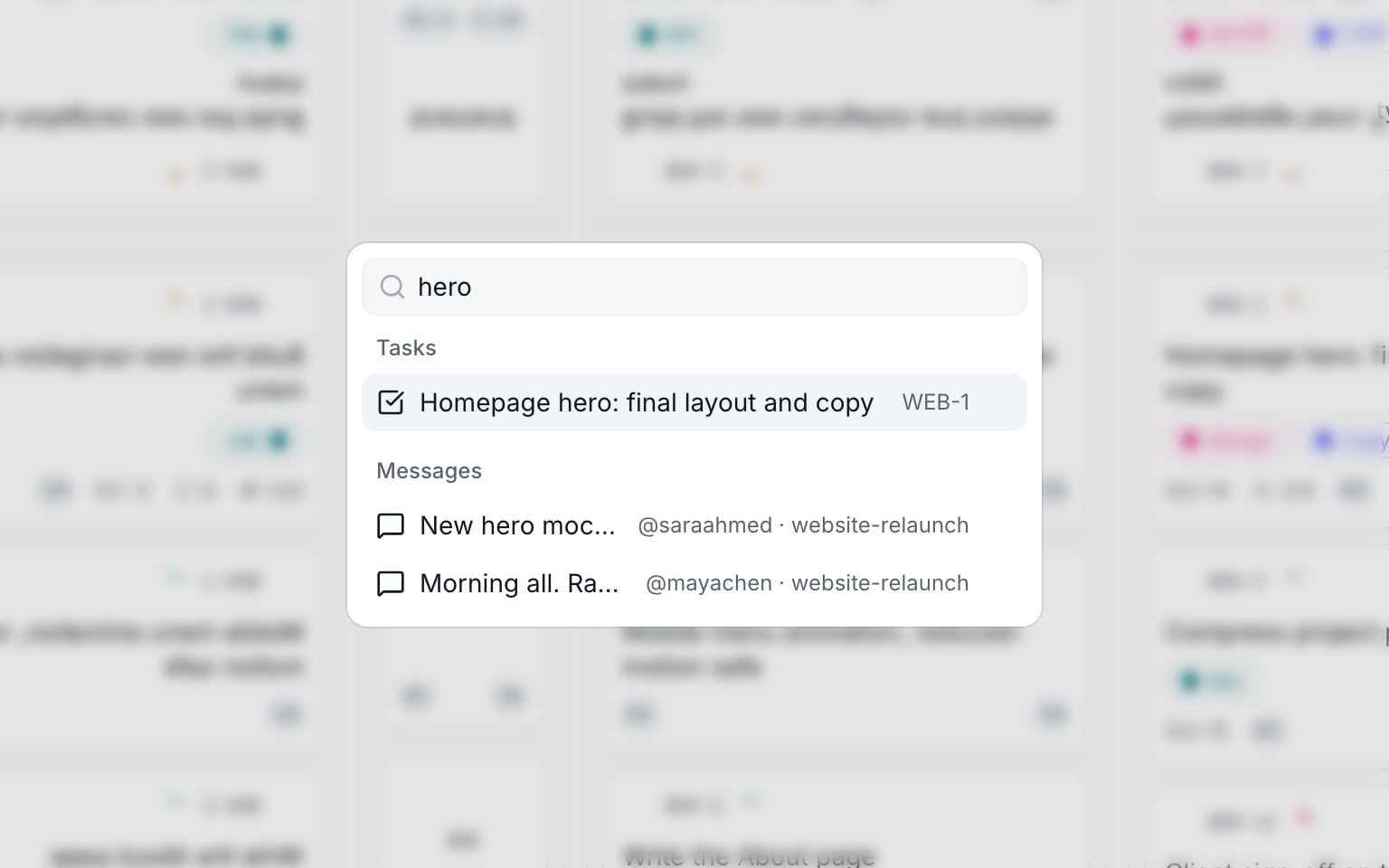 Crewdesk search results grouped as tasks, messages and comments